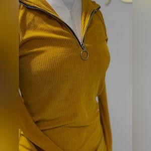 Mustard Yellow Ribbed Zip-Up Sweater